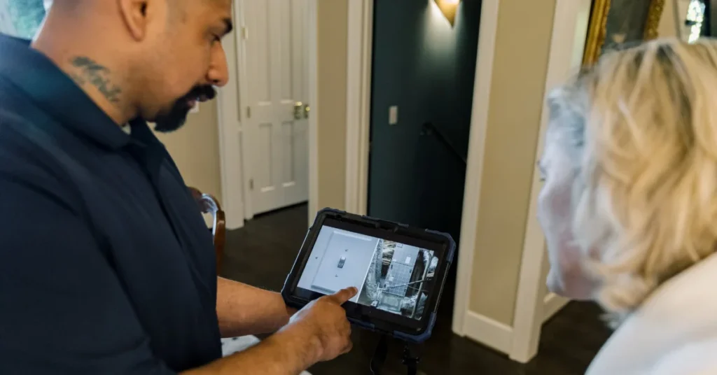 Technician explaining whether air purifiers are worth it to a homeowner